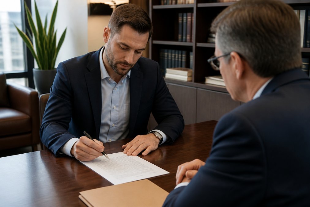 Healthcare professional in business attire reviewing a medical practice agreement document at a desk with a lawyer or advisor seated across from them in a professional office setting