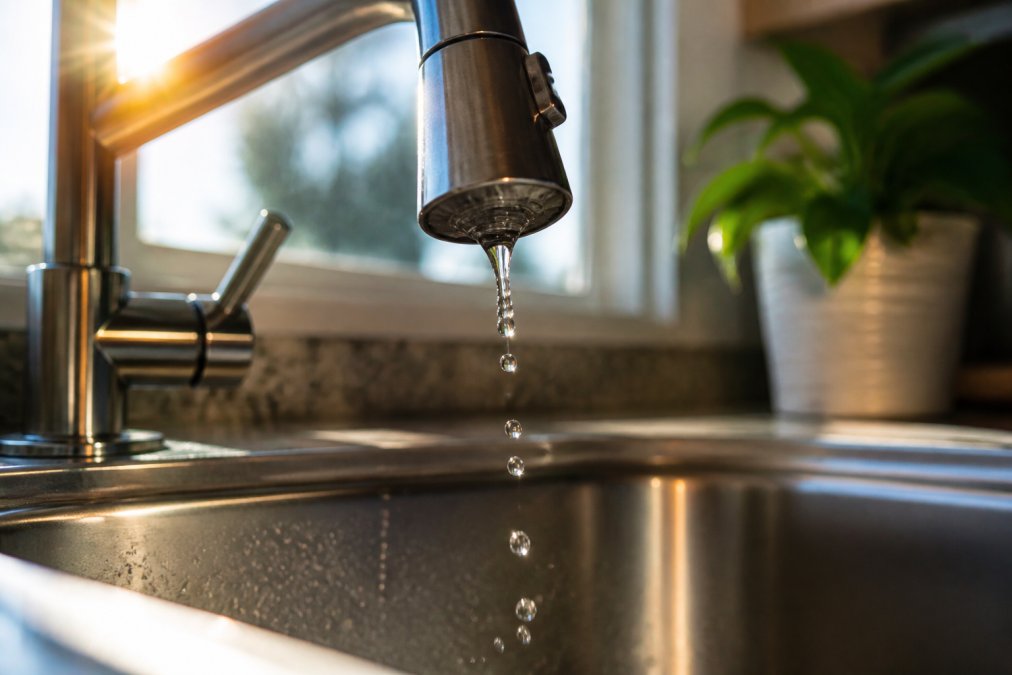 Close-up of a kitchen faucet with water droplets falling into a stainless steel sink, showing the precise moment of dripping with morning sunlight reflecting off the water stream