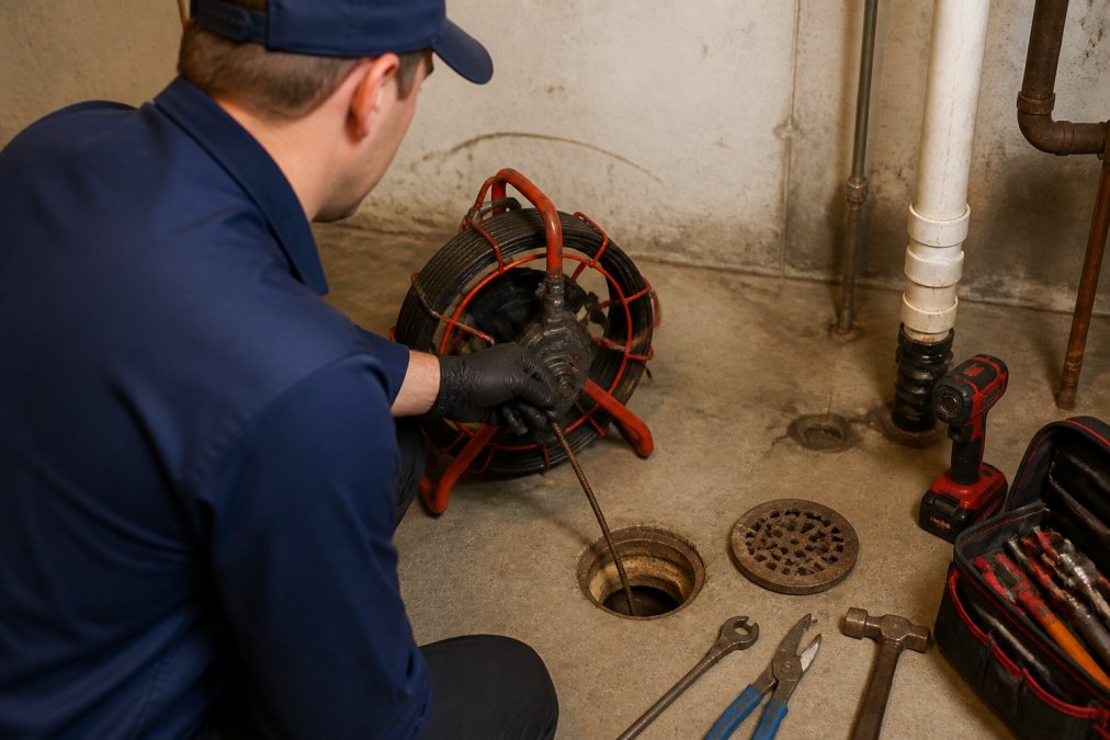 Professional plumber using a camera inspection tool to examine the interior of a sewer line, with the monitor displaying the pipe interior, tools laid out on the ground near a basement floor drain