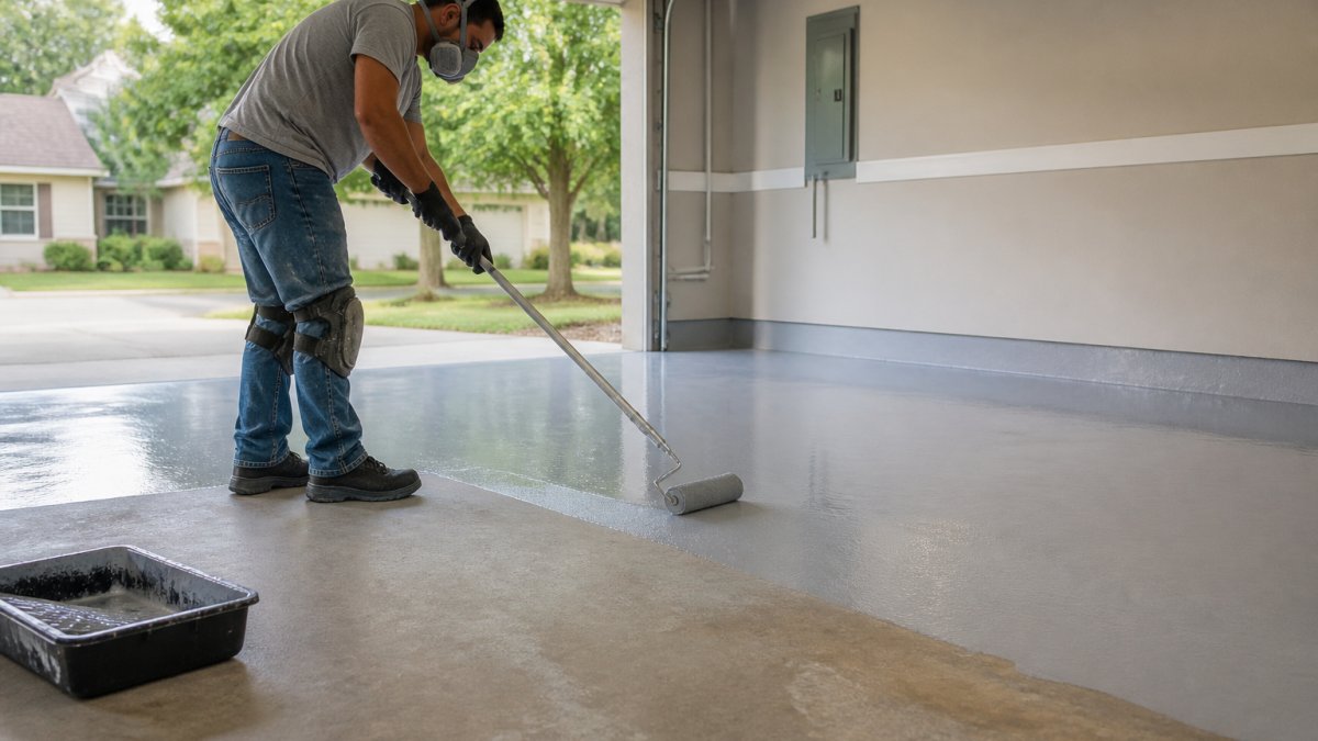 Professional applying epoxy coating to residential garage floor with roller and protective equipment, concrete substrate visible