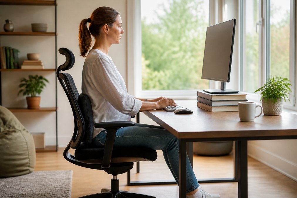 Personne en télétravail assise à un bureau ergonomique avec écran surélevé sur des livres, clavier à hauteur des coudes et coussin lombaire visible sur la chaise, dans un intérieur lumineux avec plante verte près de la fenêtre