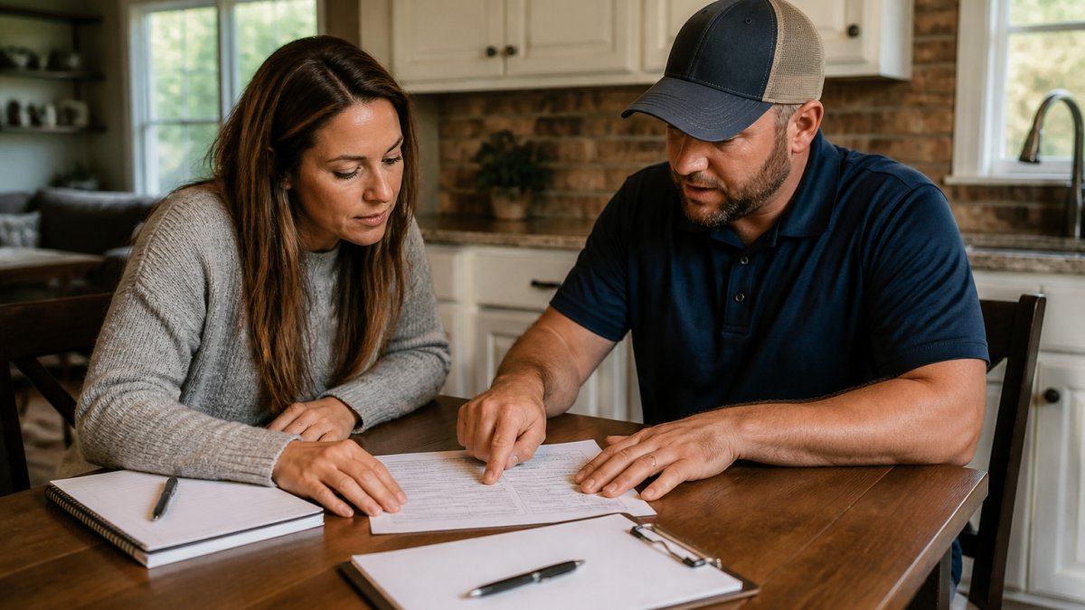 A homeowner and a contractor reviewing a detailed written estimate at a kitchen table, pointing at line items with a pen and notepad nearby