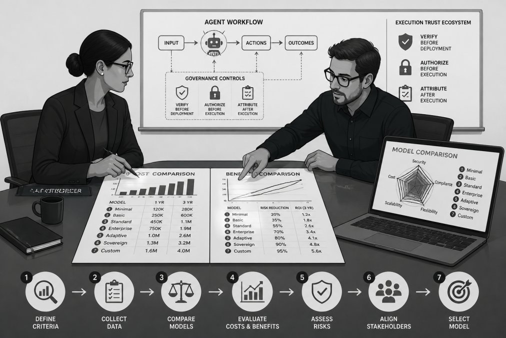 Risk officer and engineer reviewing a cost-benefit analysis for AI agent governance models at a conference table.