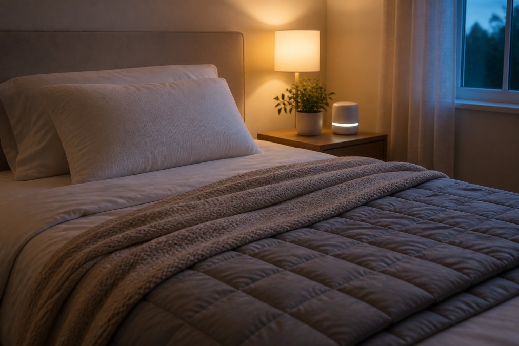 A serene, minimalist bedroom at dusk with soft warm ambient lighting, layered textures on the bed including breathable sheets and a weighted blanket, ergonomic pillow, and a clutter-free nightstand with a small potted plant and sound machine