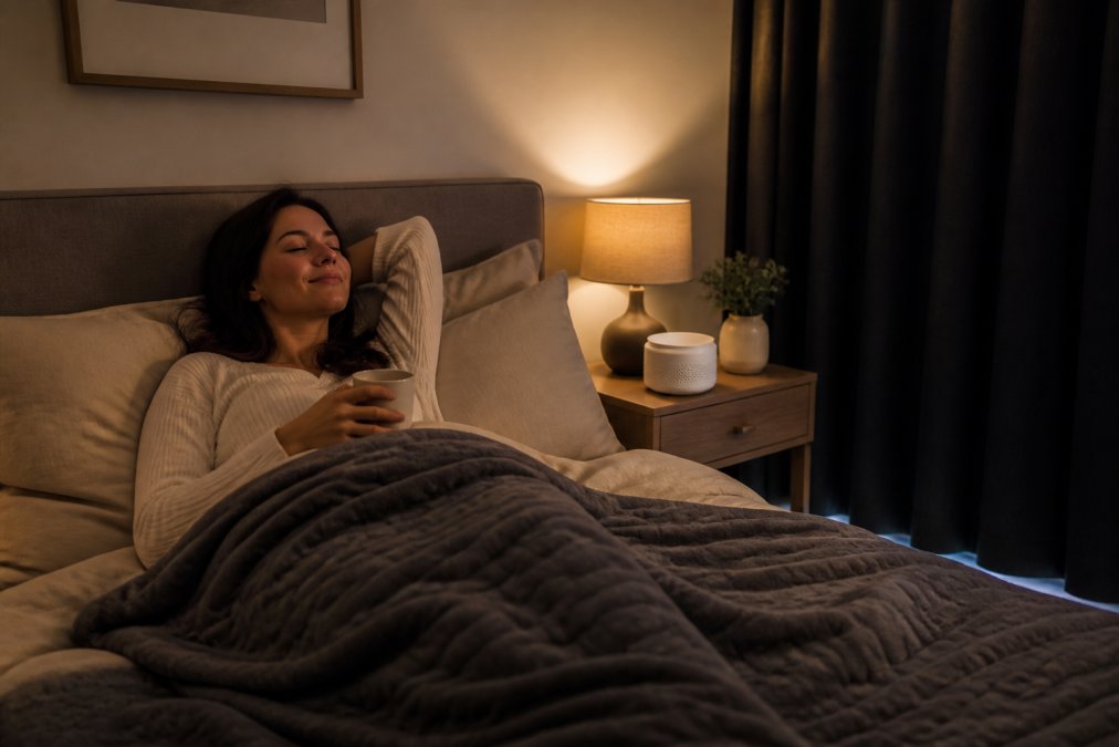 A person relaxing on a plush bed with soft warm ambient lighting, surrounded by cozy bedding including breathable sheets, a weighted blanket, and an ergonomic pillow, with a sound machine on the minimalist nightstand and blackout curtains visible