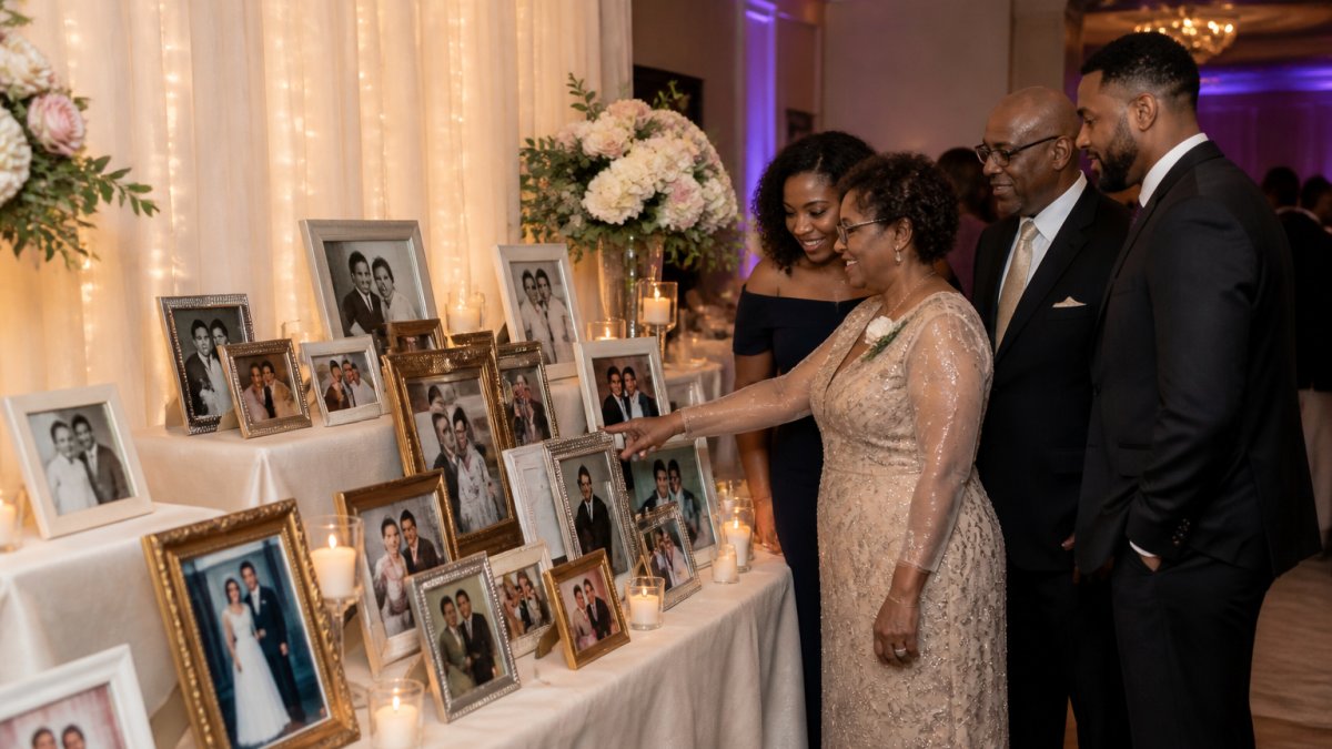 Decorated display table featuring framed photographs from different decades of a couple's life together, with soft string lighting, flowers, and family members gathered around viewing the photos