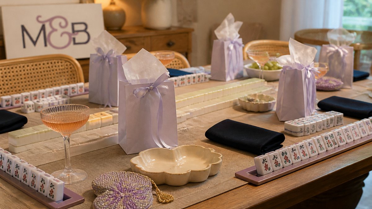 A warmly lit dining table set for mahjong night, with small favor bags, a ceramic trinket tray, and a beaded coin pouch arranged at each place setting beside tiles and a cocktail glass
