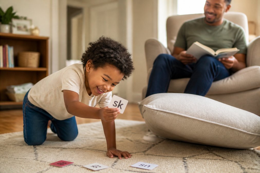 A child excitedly discovers a phonics card during interactive reading activities while a parent watches nearby.