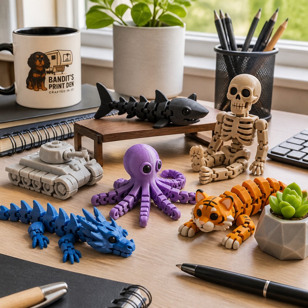 Close-up of a professional desk featuring multiple articulated 3D printed desk buddies arranged among office supplies, with natural window light highlighting the colorful details and intricate features of the printed figures