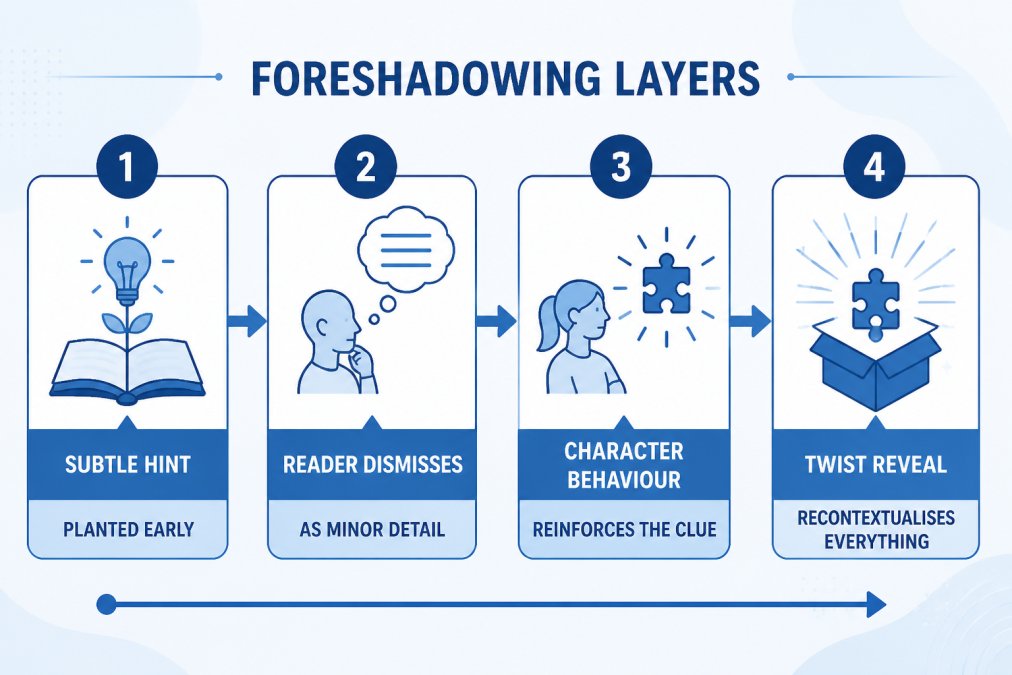 Flowchart showing foreshadowing layers: Subtle hint planted early → Reader dismisses as minor detail → Character behavior reinforces the clue → Twist reveal recontextualises everything