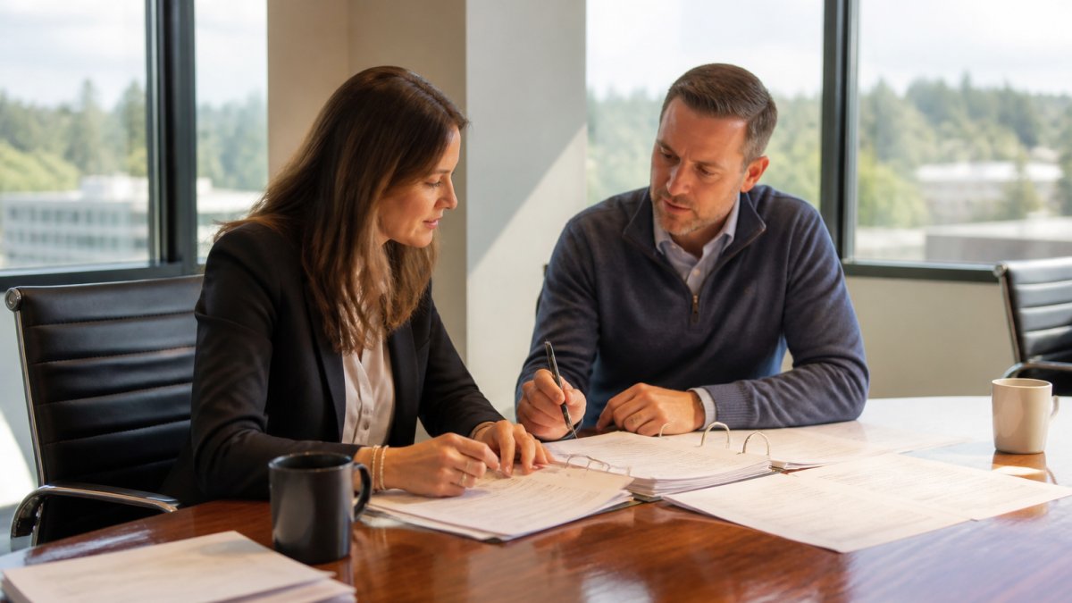 Startup founder and regulatory consultants reviewing submission documents at a conference table