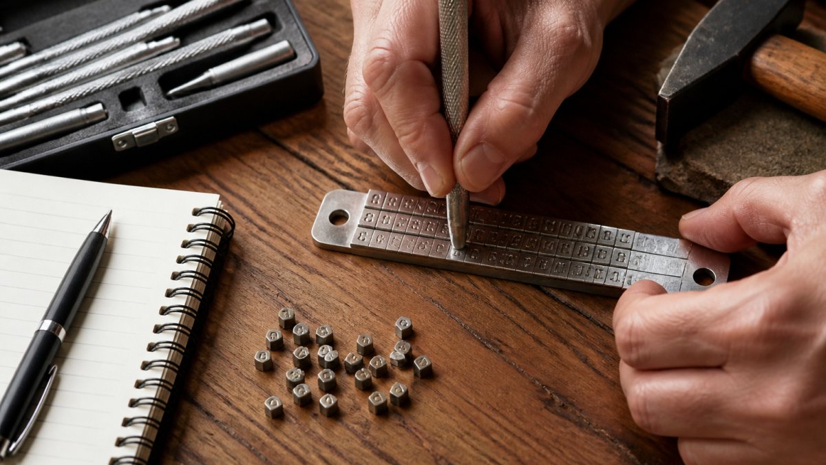Hands engraving a metal seed phrase backup plate on a wooden desk with a notebook and pen nearby