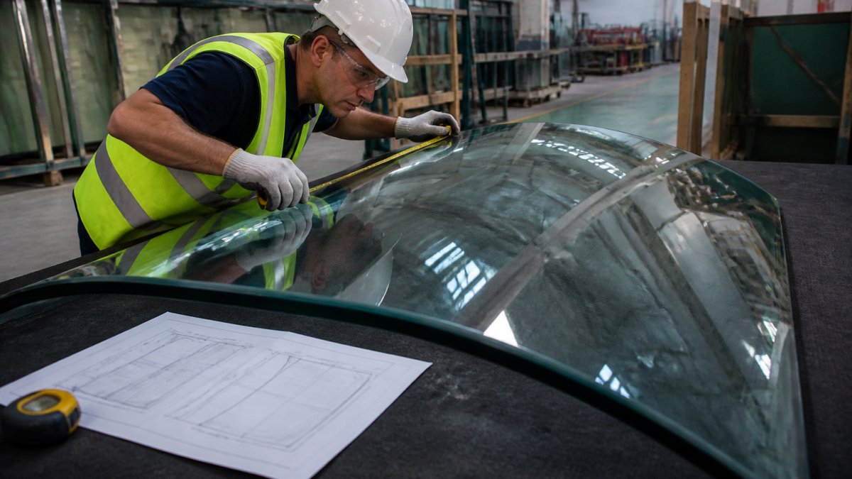 Fabricator inspecting a large glass panel for a curved glazing design project on a factory floor