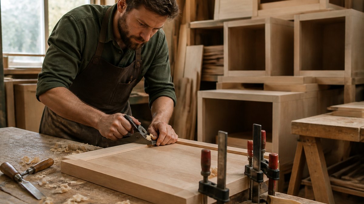 Carpenter smoothing the edge of a wood door while crafting custom cabinetry in a busy workshop.