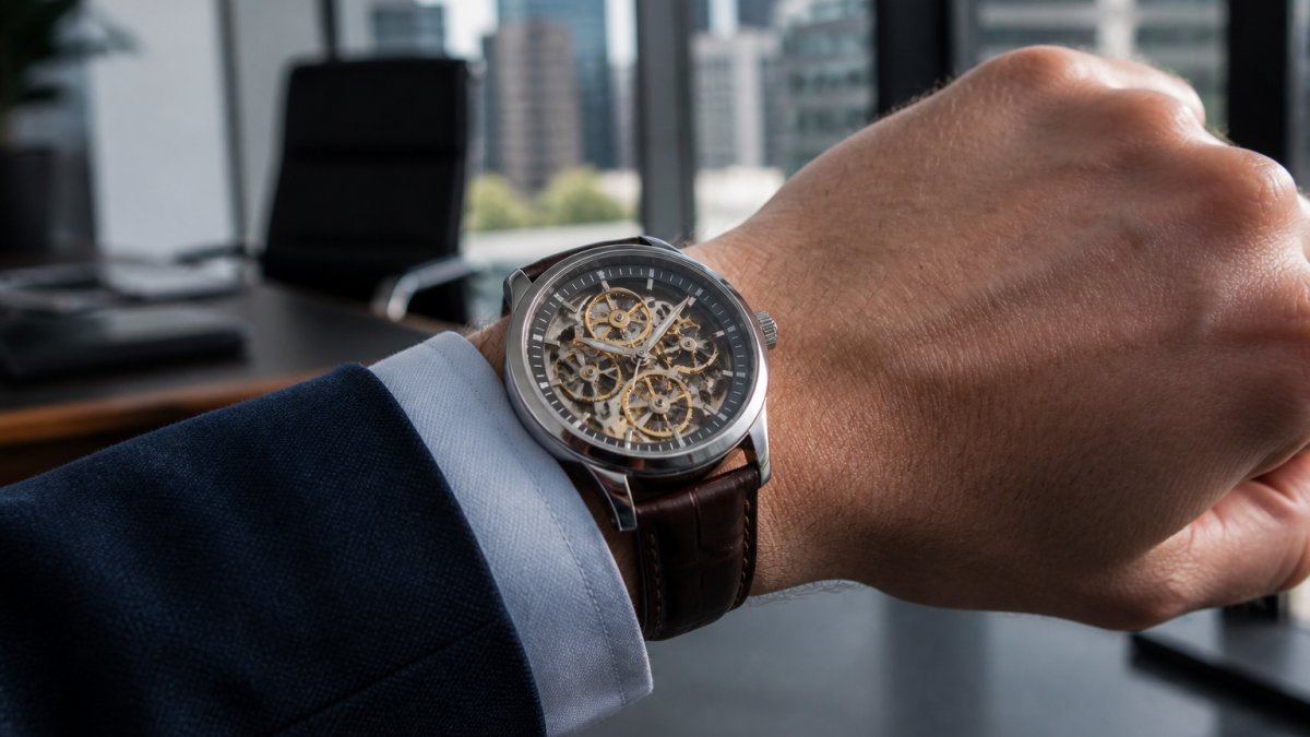 Close-up of a luxury openwork watch on a wrist in a professional office setting, showing the skeleton dial and genuine leather band with soft natural lighting through office windows