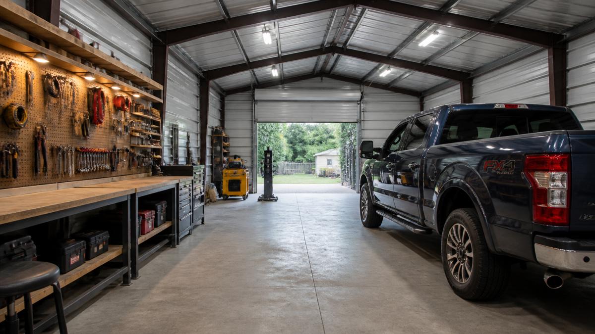 Well-organized metal garage design with a workbench, tool pegboard, and parked pickup truck under bright lighting.