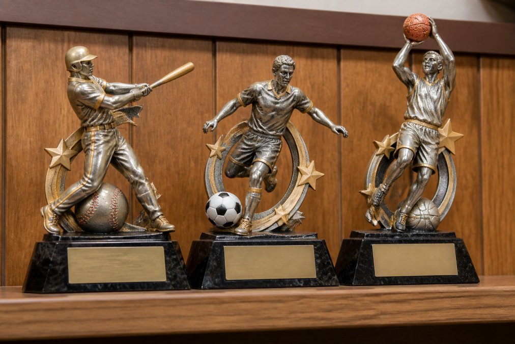 Close-up of three vibrant themed resin trophies with different sport figurines, baseball player mid-swing, soccer player in motion, basketball player shooting, arranged on a wooden shelf with engraved brass plaques visible beneath each base