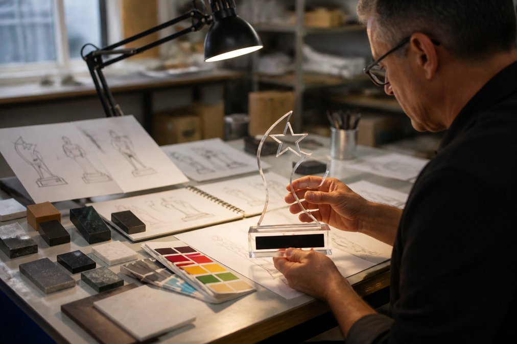 Designer's workspace showing trophy sketches, color swatches, and material samples spread across a drafting table, with a finished custom acrylic award with engraved nameplate being inspected under professional task lighting