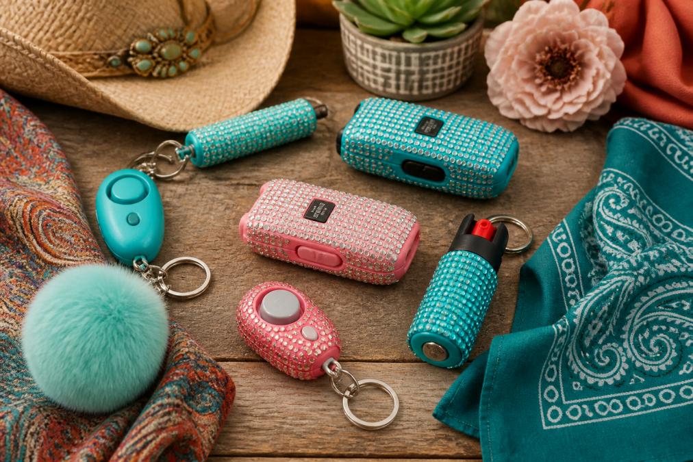 Flat lay of colorful western safety accessories including turquoise pepper spray keychains, rhinestone stun guns, personal safety alarms, and bandanas arranged on a rustic wooden surface with decorative western styling elements