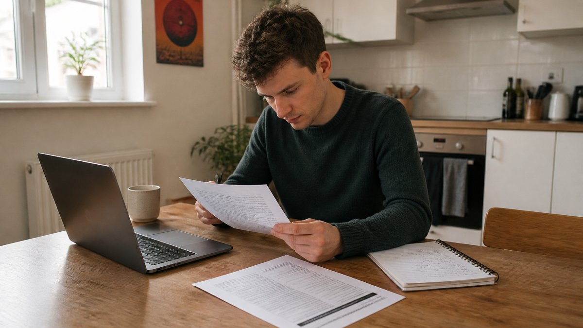 A recent graduate sitting at a kitchen table with a laptop, a printed job advert and a notepad, editing a CV in a bright shared flat