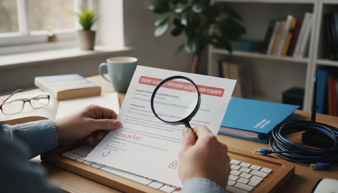 Person at desk looking concerned at computer screen with suspicious email visible in inbox, natural office lighting