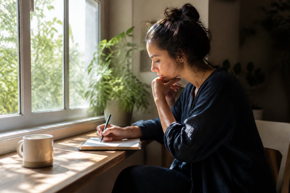 Person sitting by a window with a journal, warm natural light streaming across a wooden desk with a cup of tea, capturing a moment of quiet self-reflection and intentional presence