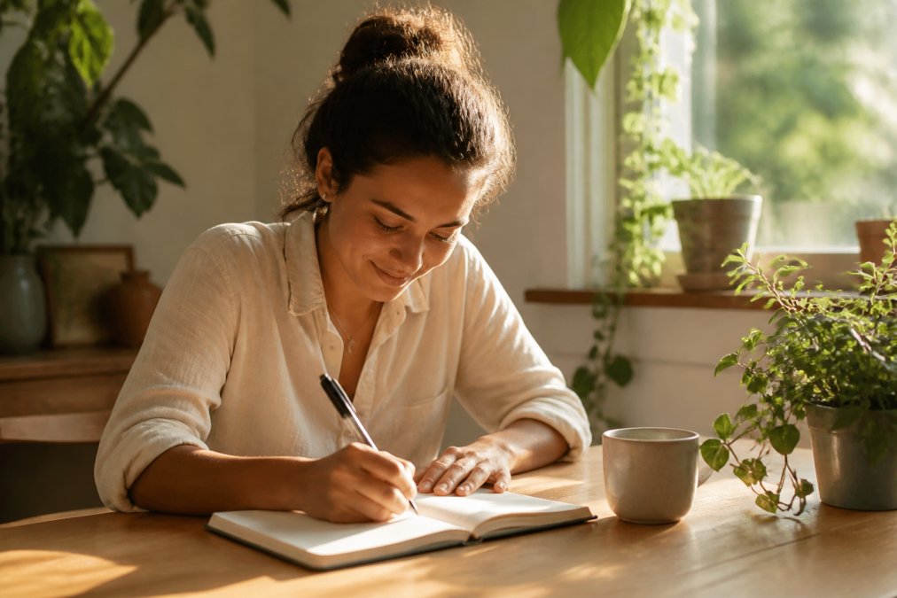 Person writing in a gratitude journal at a sunlit desk with a warm beverage, plants visible in soft focus, capturing a peaceful morning moment of intentional reflection