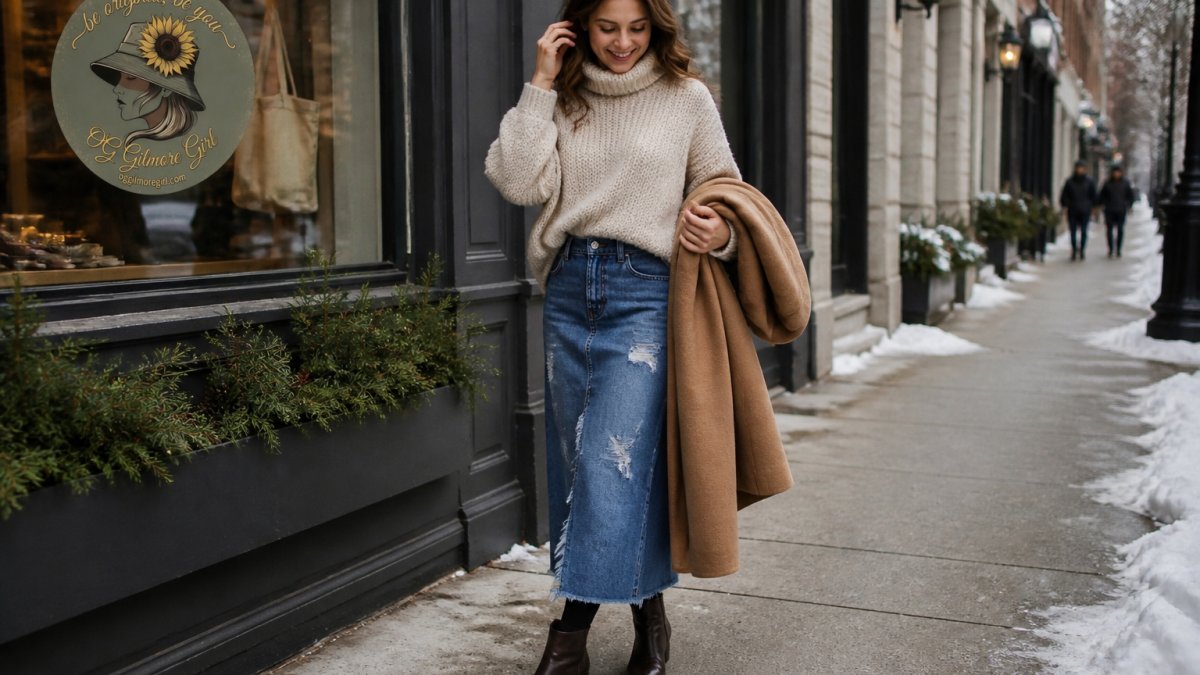 Woman wearing a distressed maxi denim skirt, chunky knit sweater, and opaque tights on a cold city sidewalk
