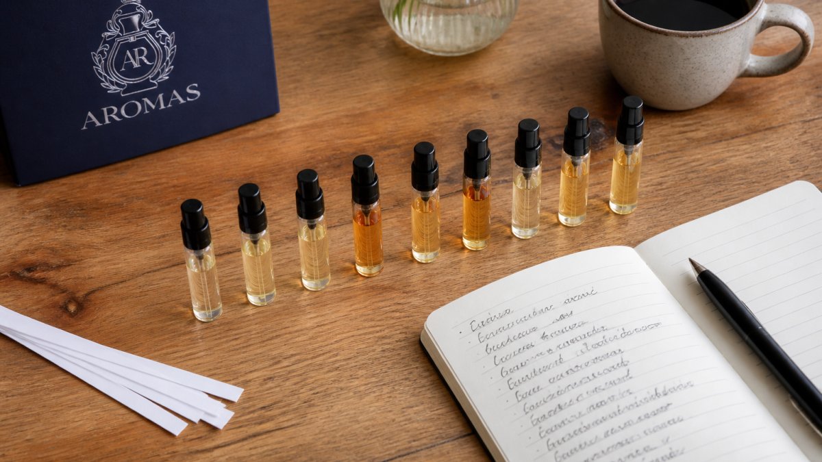 Overhead shot of a wooden table with several small glass fragrance sample vials arranged in a row, a notebook with handwritten scent notes, and a coffee cup nearby in soft natural light