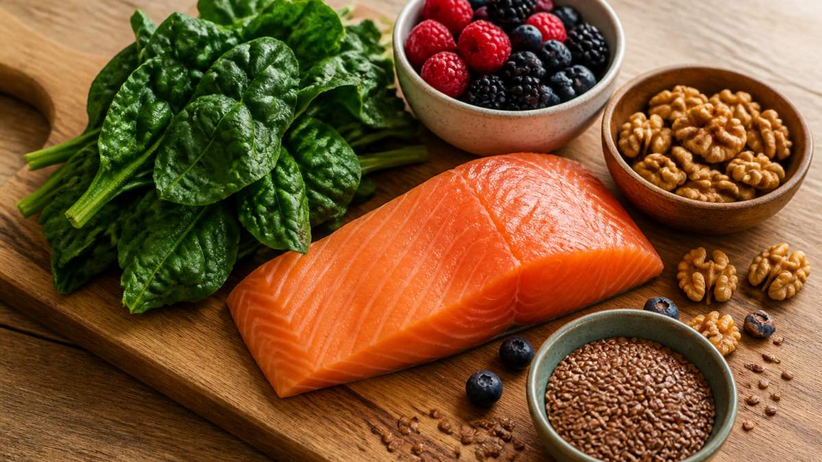 Fresh salmon, leafy greens, berries, and nuts arranged on a wooden board in morning light