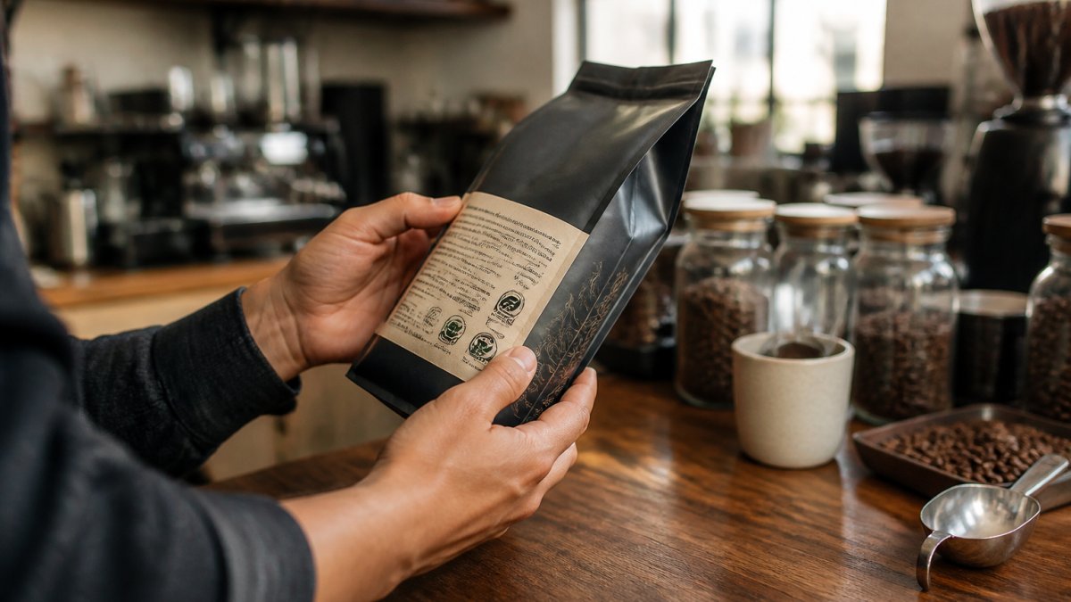Shopper examining certification labels on a matte bag of coffee in a sunlit cafe