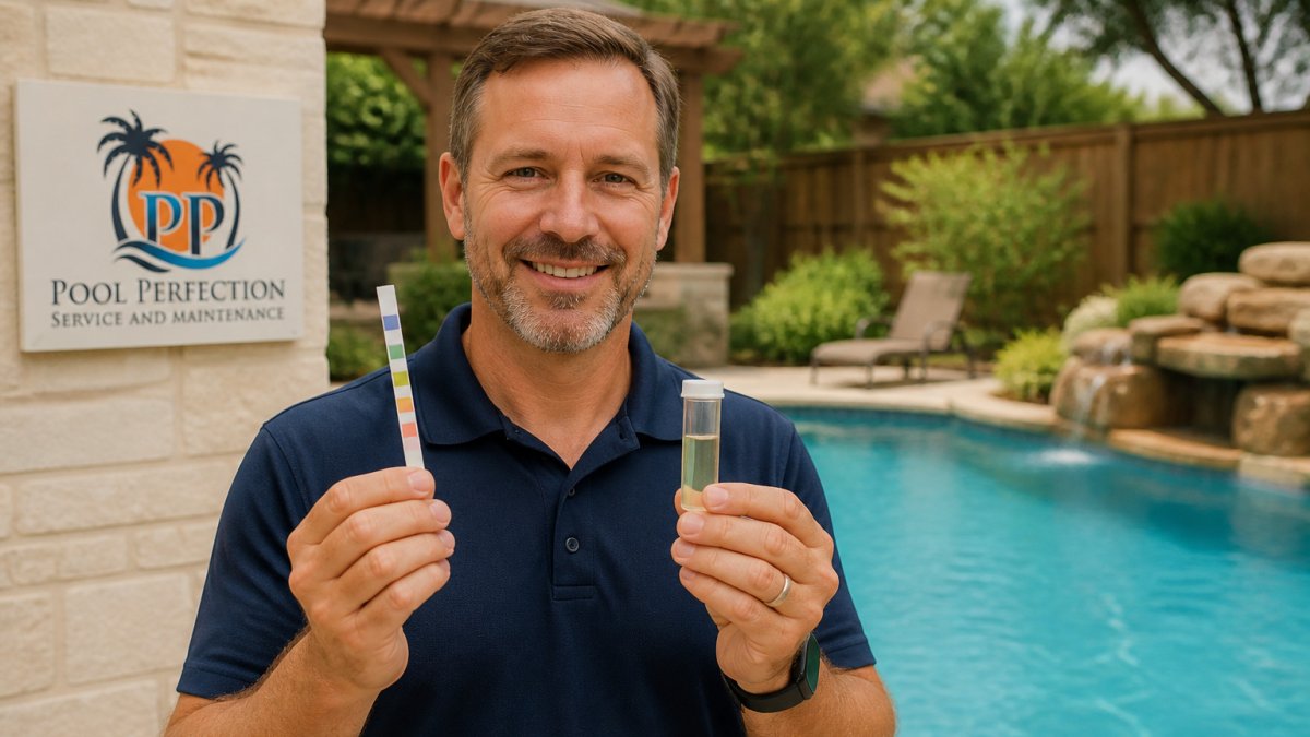 Homeowner comparing pool test strips and a liquid test kit by a sunny backyard pool