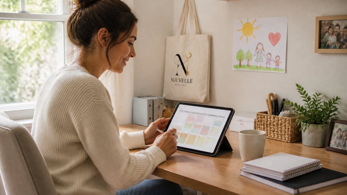 Mother sitting at a bright desk using a colorful digital planner on a tablet with coffee and artwork nearby