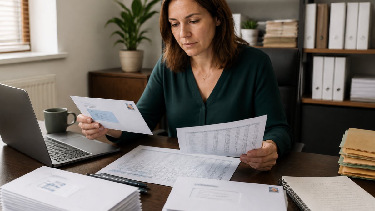 Professional marketing manager at desk reviewing printed direct mail pieces and customer address records, with laptop, organised files, and database printouts visible under warm office lighting