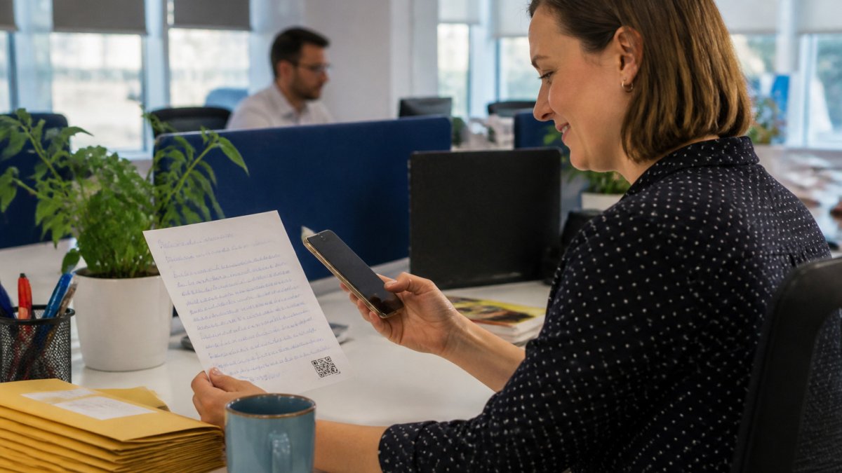 Marketing manager using a smartphone to scan a QR code on a handwritten letter for direct mail tracking.