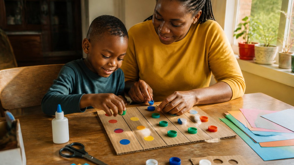 Step-by-step process for making diy educational resources like counting games using bottle caps and cardboard.