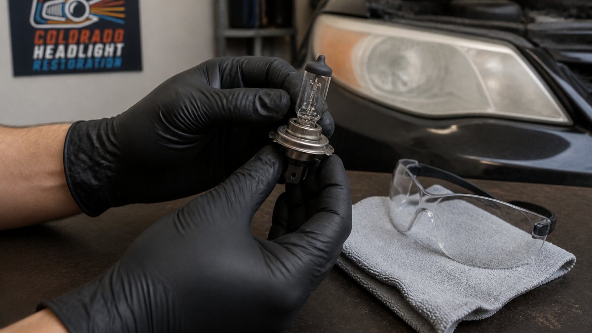 Close-up of a person wearing nitrile gloves carefully holding a new headlight bulb by its base, with a clean shop rag and safety glasses nearby on a workbench
