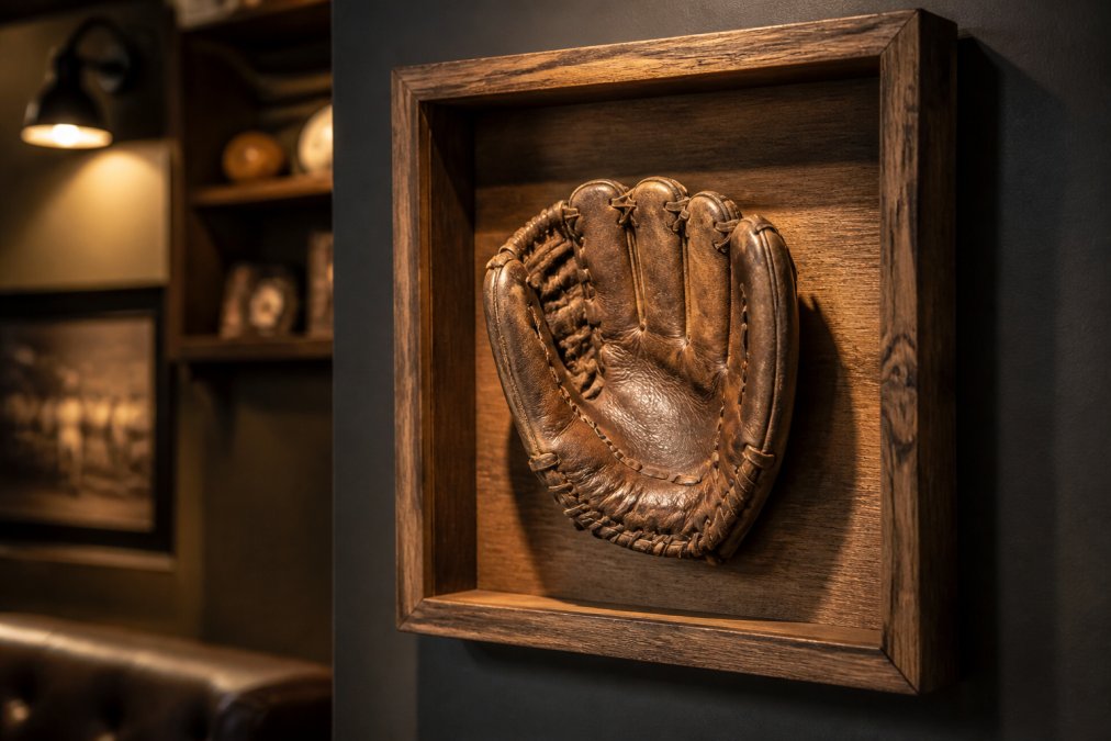 Close-up of a vintage baseball glove with rich leather patina mounted in a natural wood shadow box frame on a man cave wall, with warm accent lighting highlighting the glove's aged texture and stitching