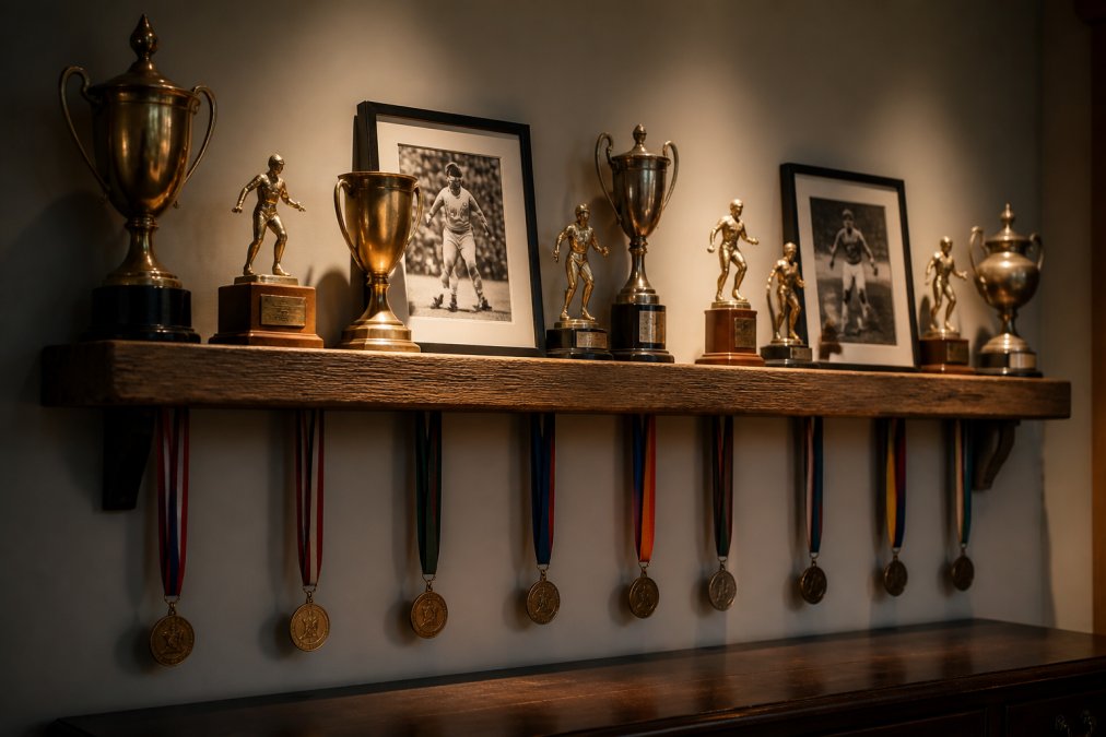 A wooden floating shelf displaying vintage brass trophies of varying heights, alongside medals hanging from colorful ribbons, with framed black-and-white sports photos interspersed, under warm accent lighting that creates shadows emphasizing the trophies' details