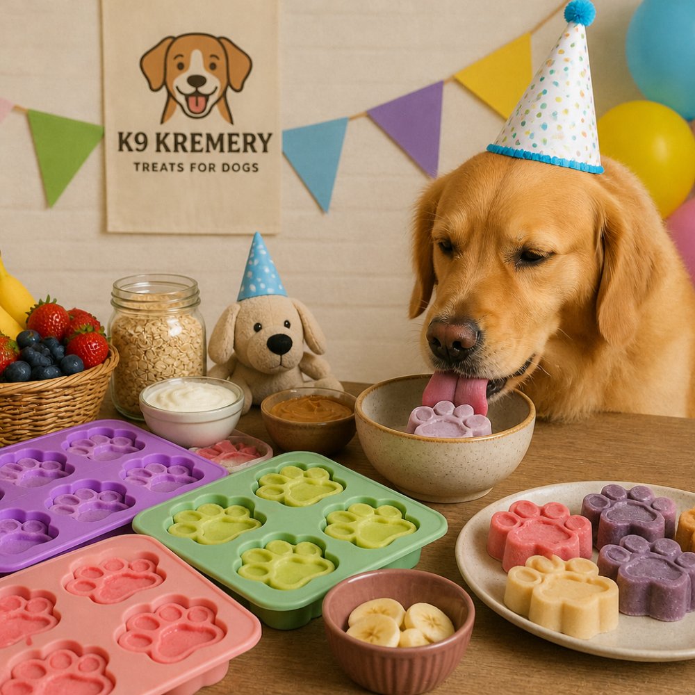 A festive dog birthday party setup with multiple colorful silicone paw-print molds filled with frozen treats in various colors, dog-safe decorations, and a happy golden retriever enjoying a frozen treat from a ceramic bowl