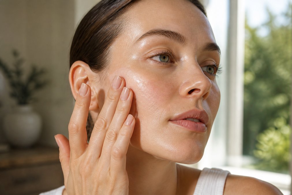 Close-up of a person's fingertips applying a lightweight serum to clean facial skin, with visible dewiness and careful upward motions on the cheek, natural window lighting