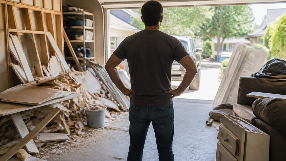 Homeowner standing in front of a garage filled with renovation debris, construction materials, drywall, wood framing, and household items ready for disposal, natural daylight streaming through open garage door