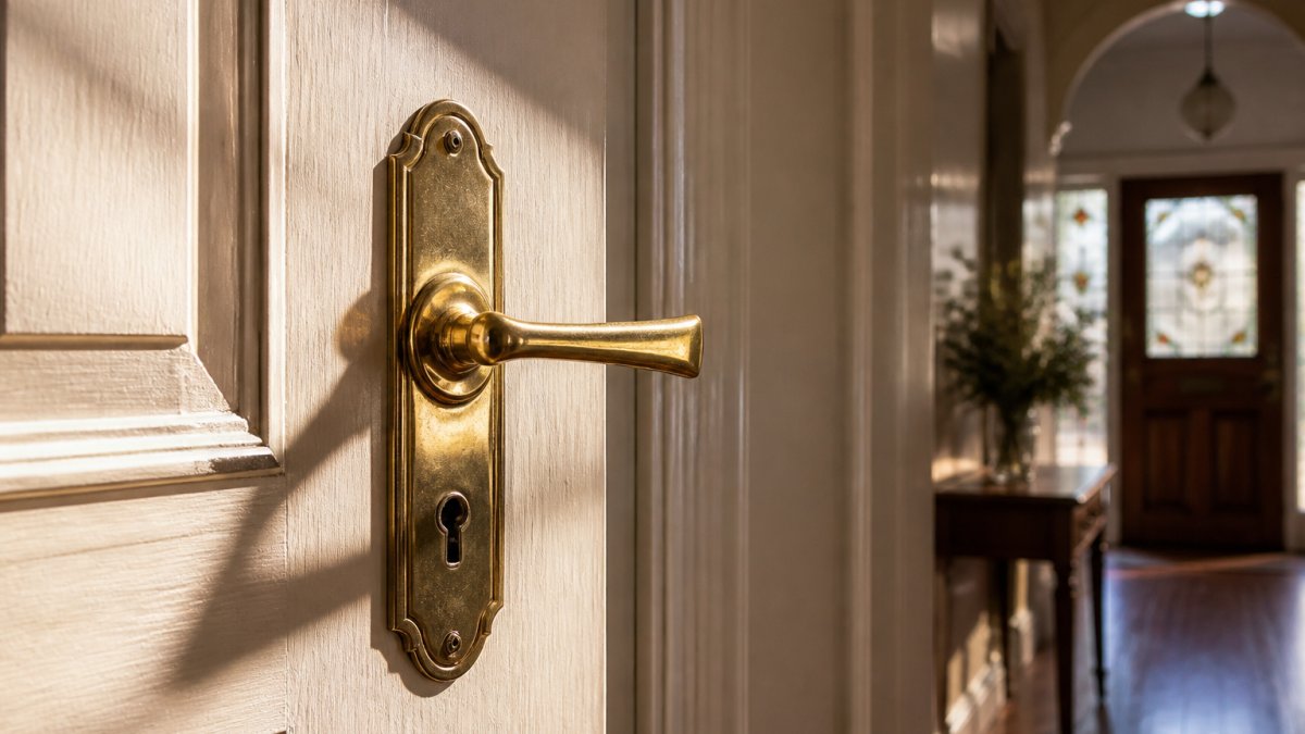 Close-up of a polished solid brass door handle and escutcheon mounted on a painted timber panel door in a period colonial home, warm afternoon light raking across the surface to show the grain and patina