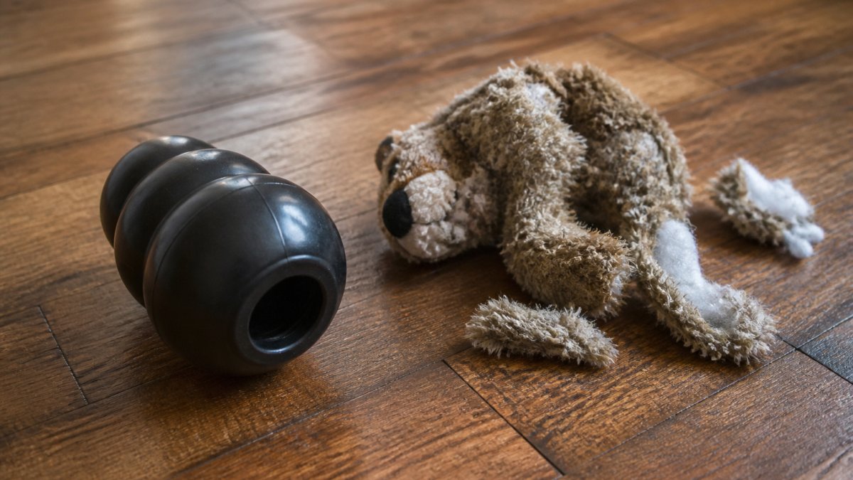 A large black rubber chew toy resting on a hardwood floor beside a worn, shredded plush toy, showing the contrast in durability