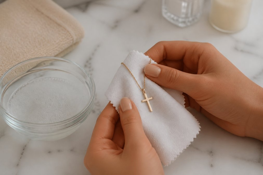 Hands gently cleaning a gold-plated cross necklace with a soft microfiber cloth and mild soapy water on a marble bathroom counter, with a small bowl of water nearby