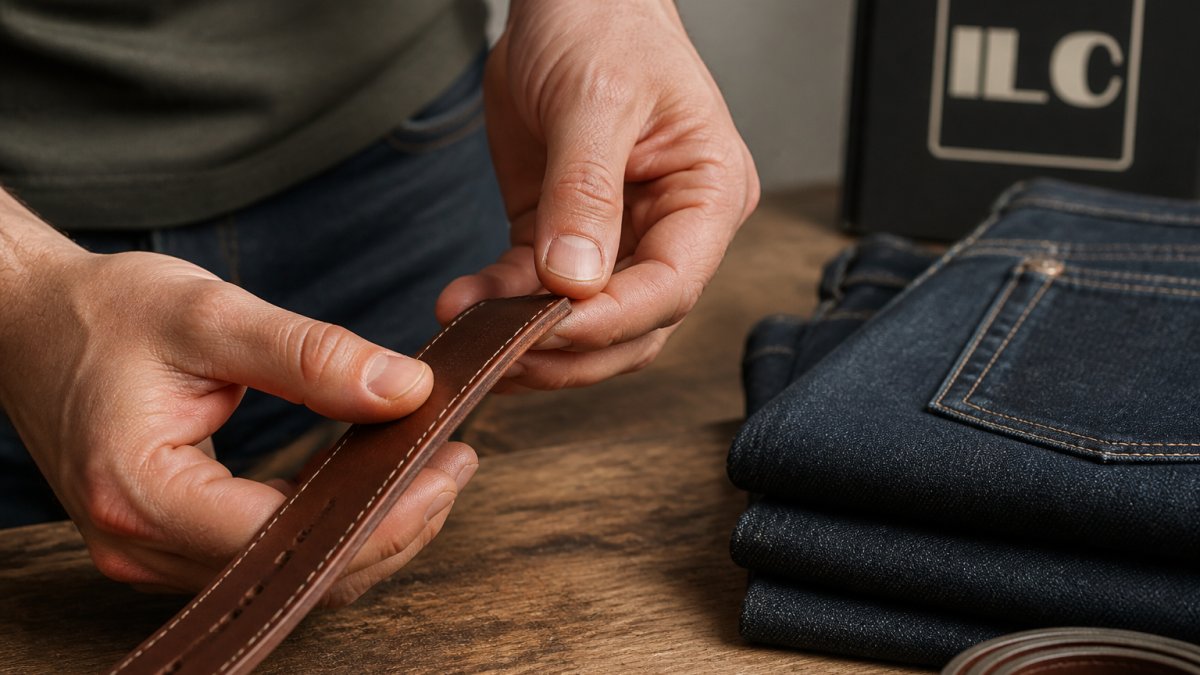 Close-up of a man's hands examining the edge and stitching of a brown leather belt beside a pair of folded dark jeans on a wooden table