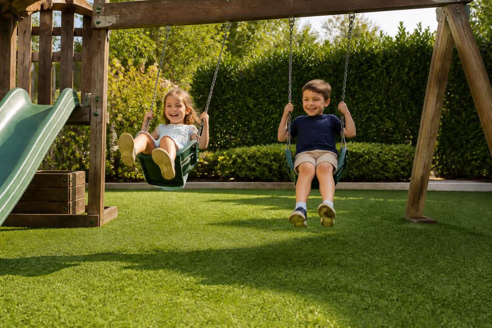 A sunny backyard playground with green artificial turf, a wooden swing set, and two children playing safely under bright afternoon light