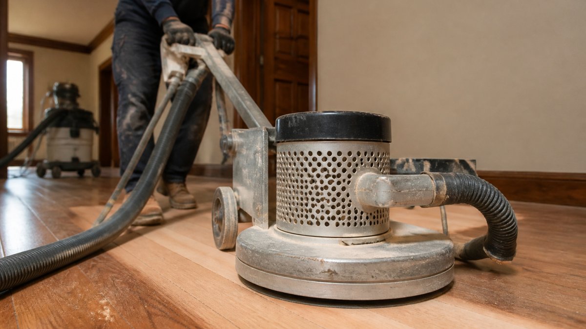 Close-up of a floor sanding machine connected to a vacuum hose on a hardwood floor, with a worker in protective gear guiding it across the boards in a home interior