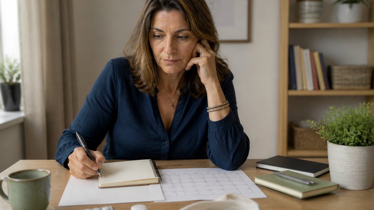 Woman in her 40s sitting at a desk with a calendar and notebook, writing notes about her symptoms while looking thoughtful and engaged, natural office lighting