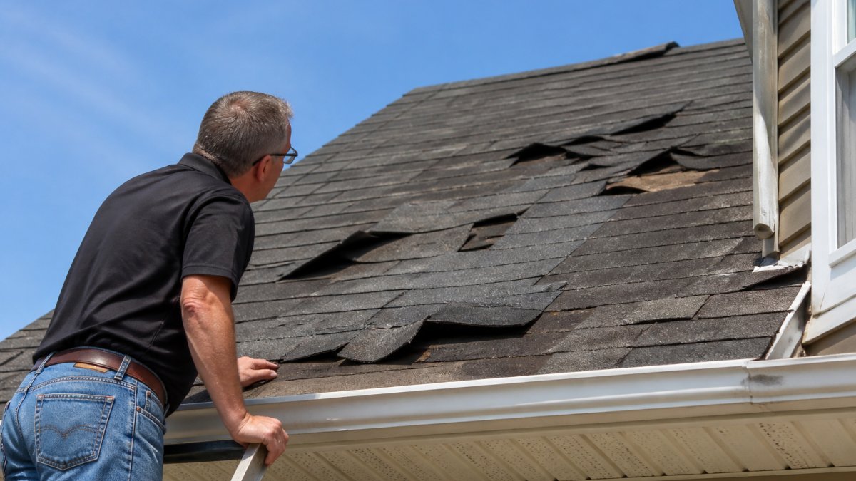 A homeowner standing on a ladder inspecting a roof with visibly missing and curling shingles on a sunny day, blue sky behind